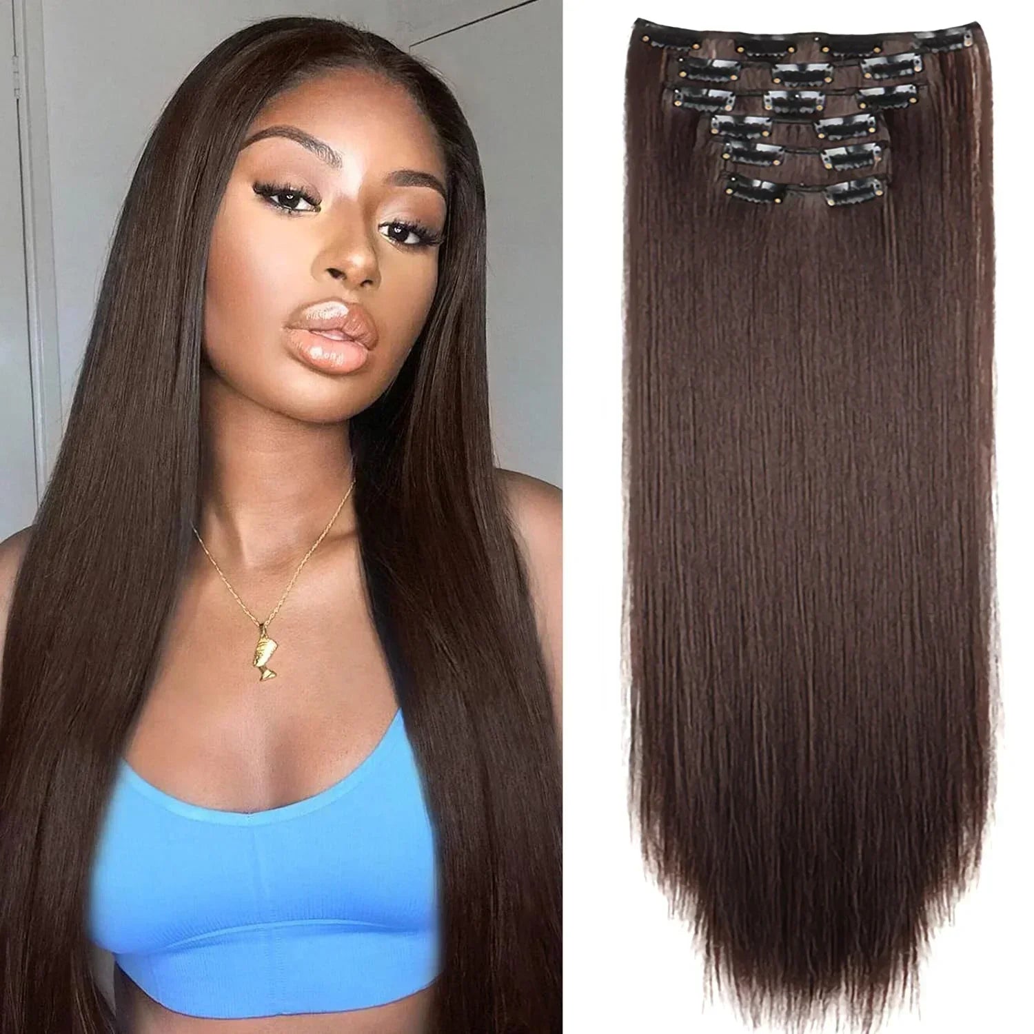 Black Hair Extensions 24"/60cm 6pcs/set Women Long Straight Synthetic Full Head Clip 16 Clips Ombre Heat Resistant Fiber Hair
