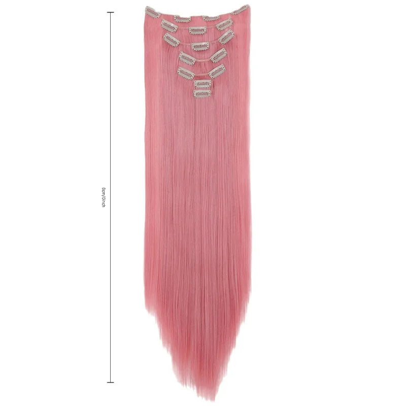 7 Clips In Hair Extensions Long Straight Hairstyle Pink 60CM Natural Synthetic Hair Daily Use Hairpiece For Women