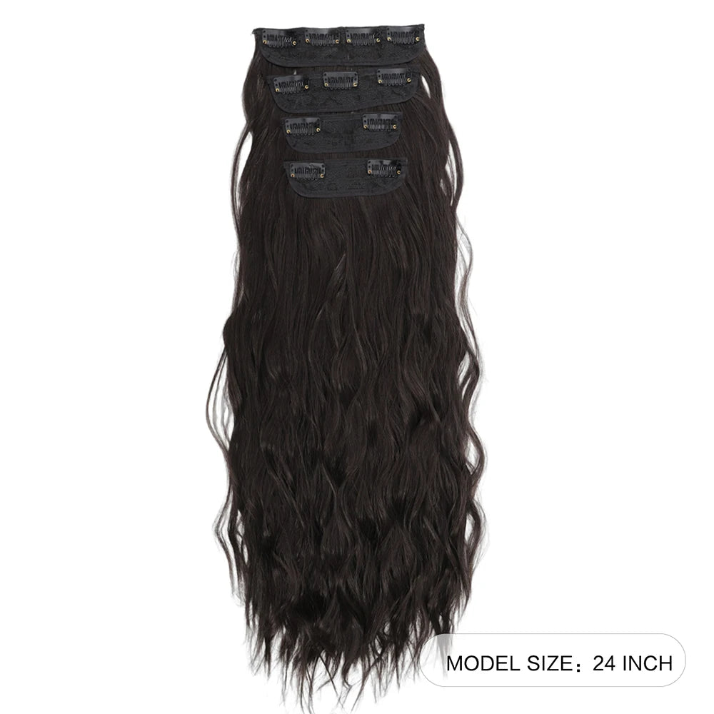 Set of 4 Clip-In Hair Extensions in a Brown-Blonde Shade, 60.96 cm Long, Featuring Wavy And Curly Synthetic Hair