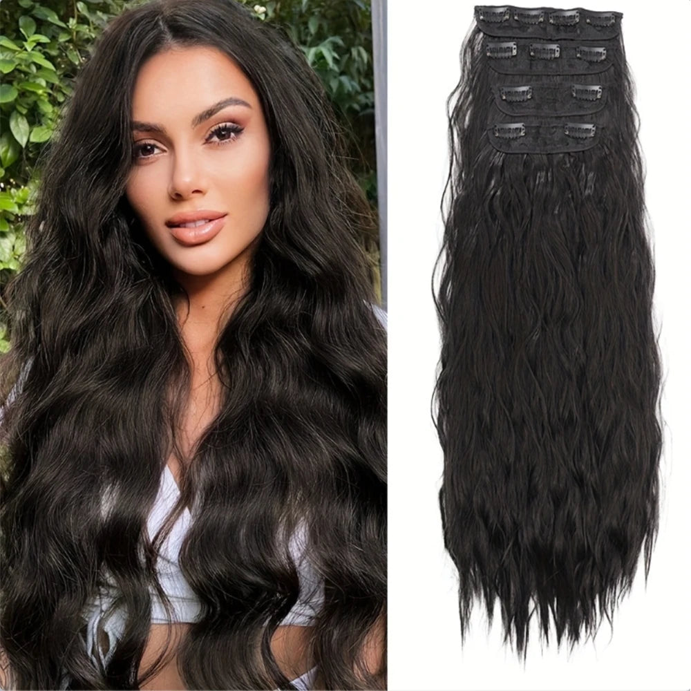 Set of 4 Clip-In Hair Extensions in a Brown-Blonde Shade, 60.96 cm Long, Featuring Wavy And Curly Synthetic Hair