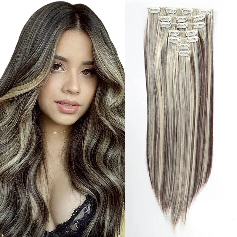 7 Clips In Hair Extensions Long Straight Hairstyle Pink 60CM Natural Synthetic Hair Daily Use Hairpiece For Women