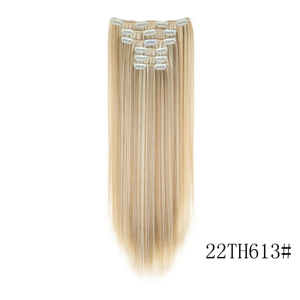 16 Clips in Hair Extensions 24Inchs Long Straight Hairstyle Synthetic Blonde Black Hairpieces Heat Resistant Fake Hair 6Pcs/Set