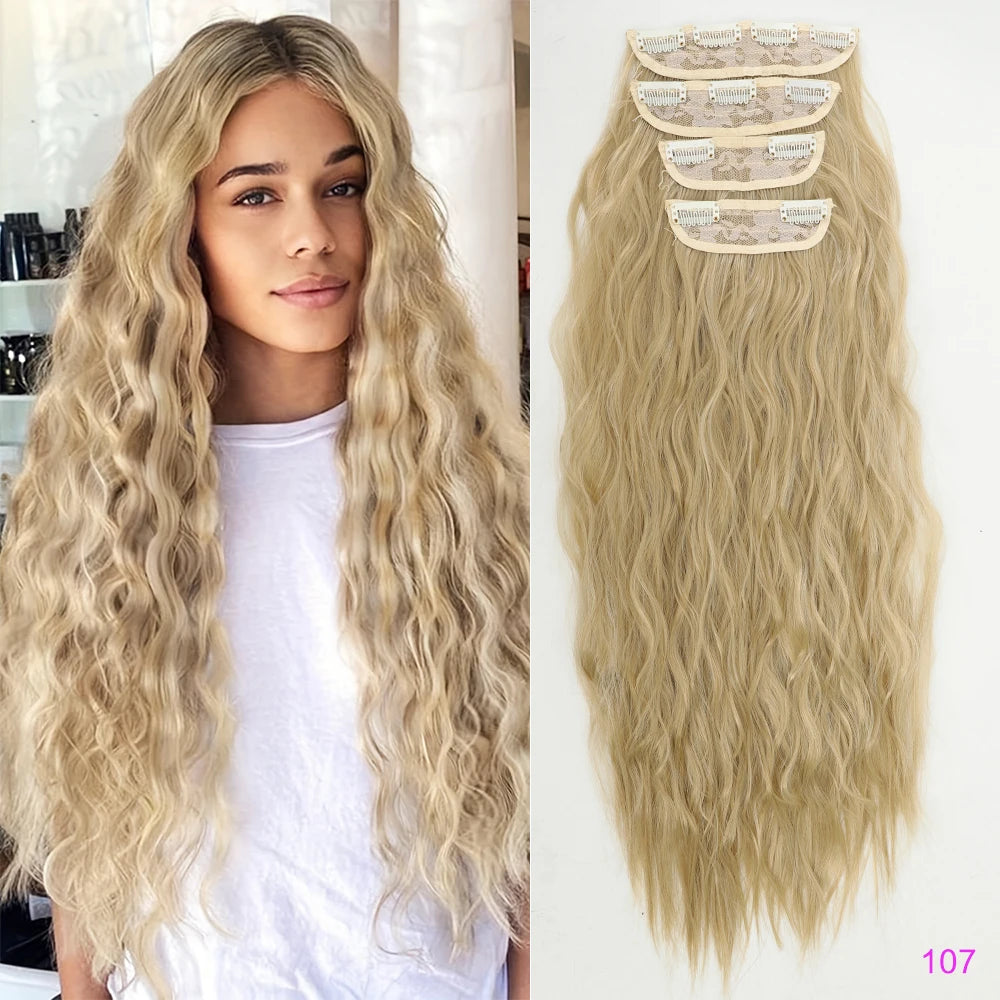 Set of 4 Clip-In Hair Extensions in a Brown-Blonde Shade, 60.96 cm Long, Featuring Wavy And Curly Synthetic Hair