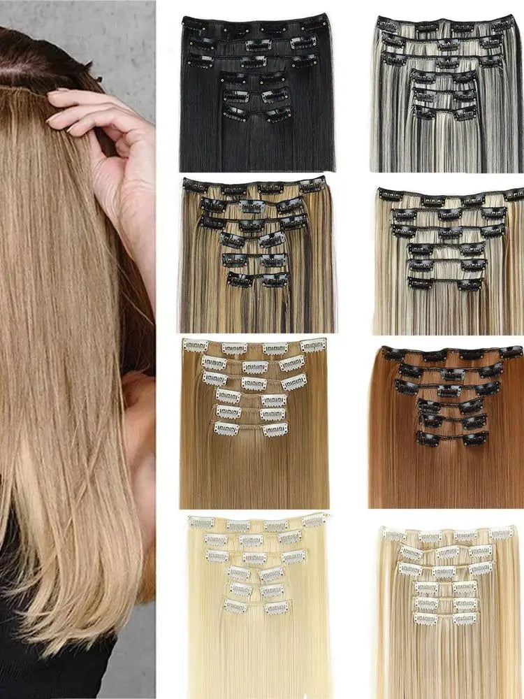 16 Clips in Hair Extensions 24Inchs Long Straight Hairstyle Synthetic Blonde Black Hairpieces Heat Resistant Fake Hair 6Pcs/Set