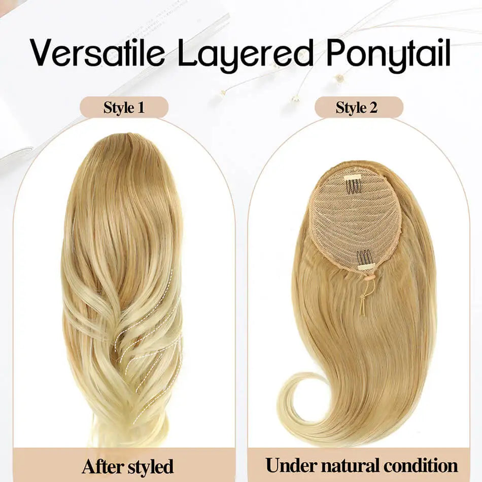 20" Long Wavy Synthetic Ponytail Extension with Drawstring Multi-Layered Clip-In Hair Extension for Instant Length And Volume