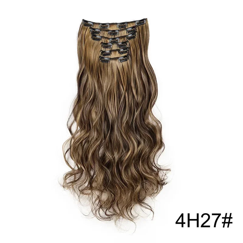 Black Hair Extensions 24"/60cm 6pcs/set Women Long Straight Synthetic Full Head Clip 16 Clips Ombre Heat Resistant Fiber Hair