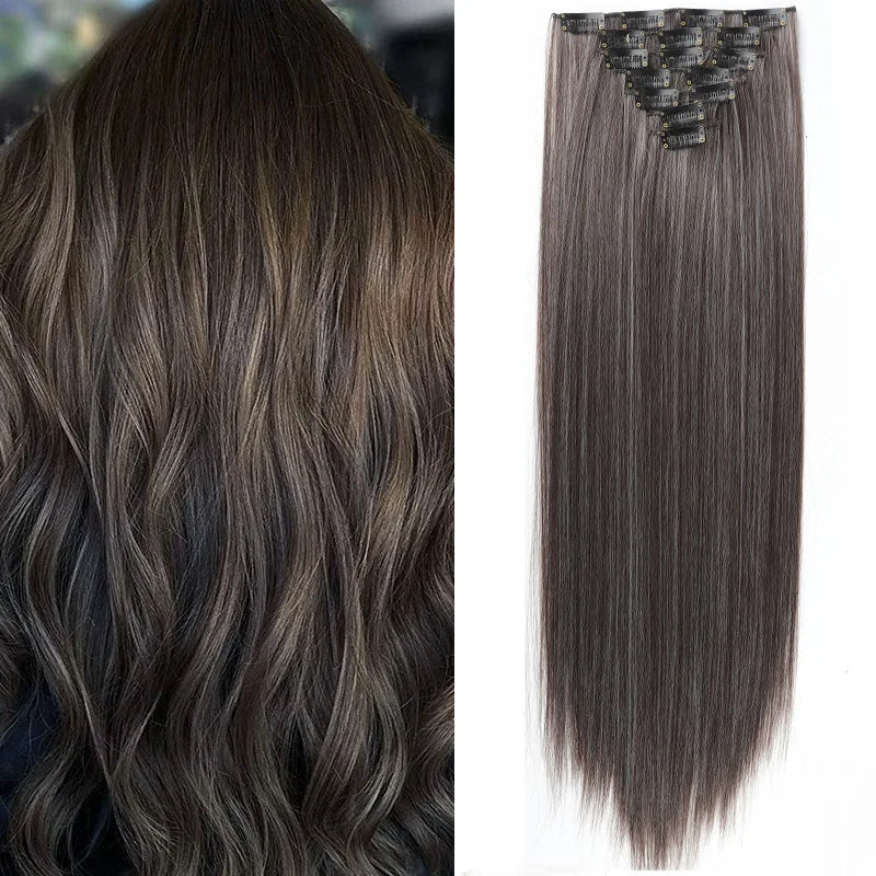 7 Clips In Hair Extensions Long Straight Hairstyle Pink 60CM Natural Synthetic Hair Daily Use Hairpiece For Women