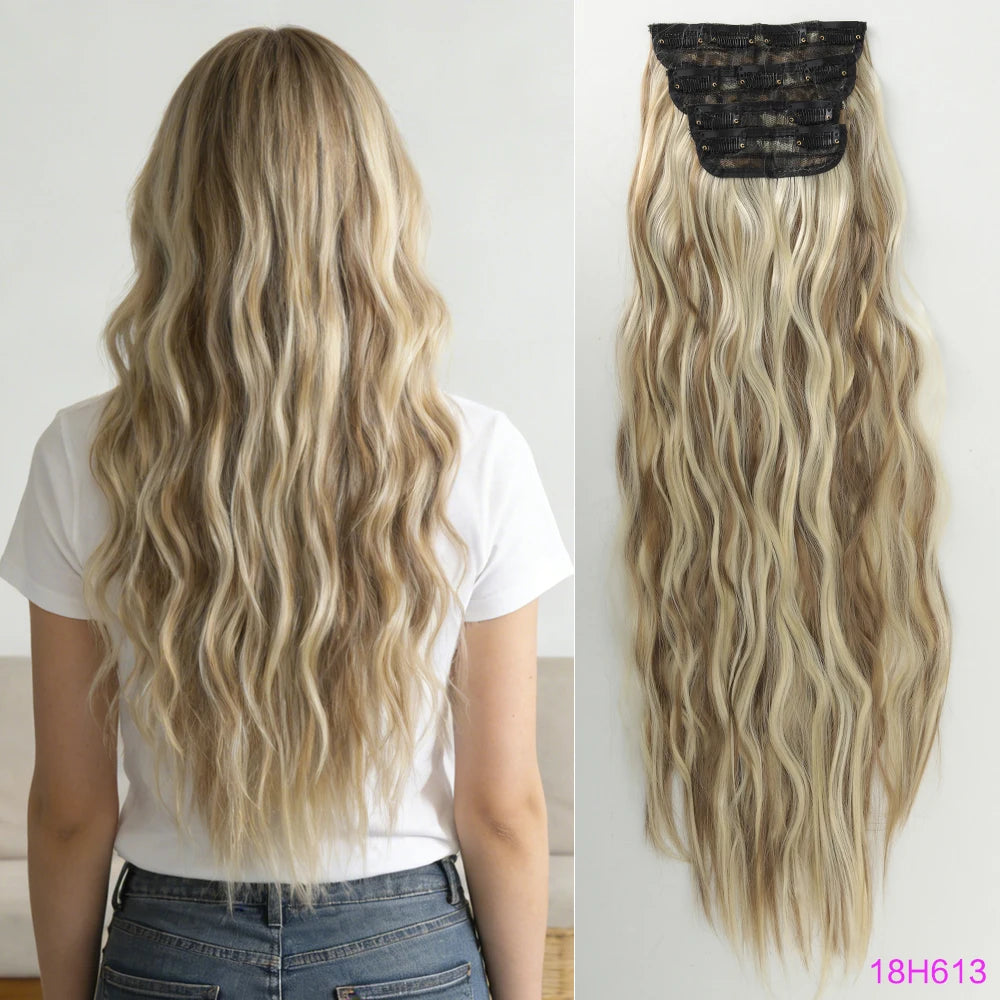 Set of 4 Clip-In Hair Extensions in a Brown-Blonde Shade, 60.96 cm Long, Featuring Wavy And Curly Synthetic Hair